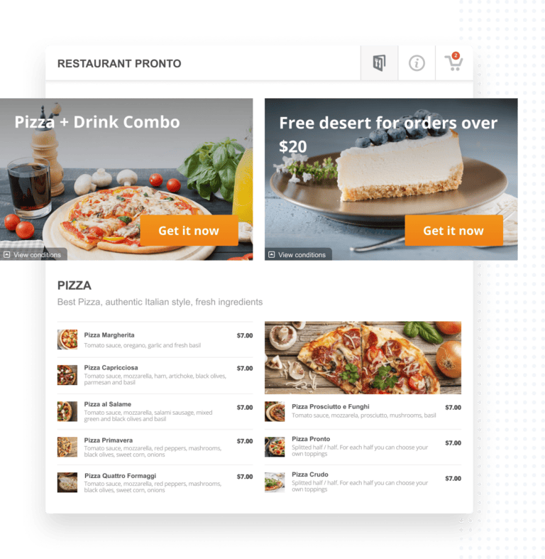 An iPad showcasing an online food ordering system for a restaurant.
