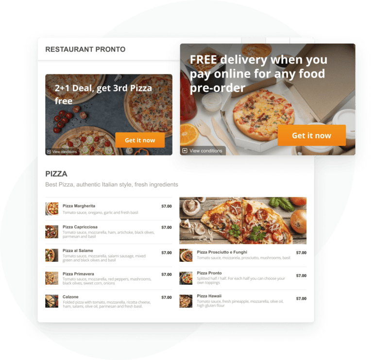 A mobile app for online food ordering with a pizza menu and free delivery option.
