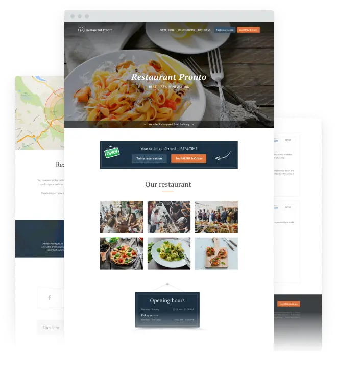 A restaurant website featuring an online food ordering system for users to view the menu and pictures of food.